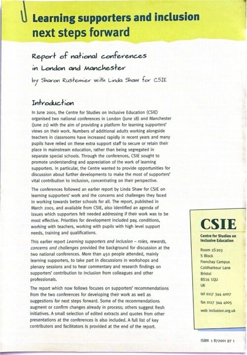 Learning supporters and inclusion - next steps forward (Conference Report 2001)